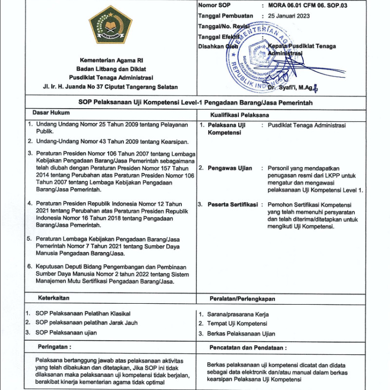 SOP Pelaksanaan Uji Kompetensi Level-1 Pengadaan Barang/Jasa Pemerintah